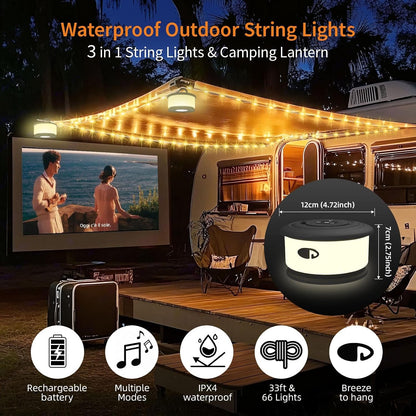 Camping String Lights, 3 in 1 Upgraded Retractable RGB Outdoor String Lights with 19 Lighting Modes, Quick 30S Recovery, 32.8 FT Portable Tent Lights, Rechargeable Camping Lantern (Black)