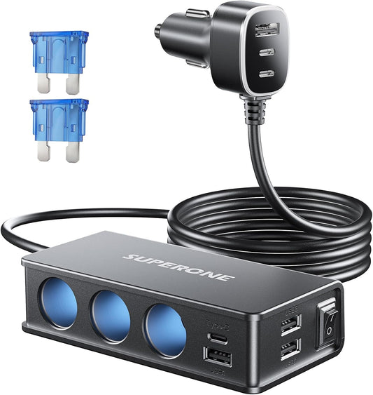 10 in 1 Cigarette Lighter Splitter,  3-Socket Adapter with 7 Ports | PD45W USB-C Fast Charging, Cigarette Lighter Adapter, 12V/24V USB C Car Charger Splitter, for Truck SUV RV Laptop Iphone GPS
