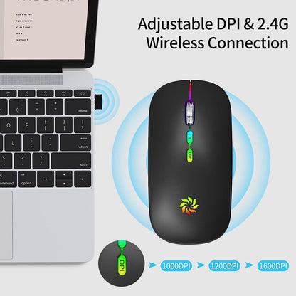 Wireless Mouse 2.4G, Black | LED Backlit Wireless Mouse, Slim Silent Rechargeable Wireless Mouse for Laptop, Computer, Macbook, with USB & Type-C Receiver