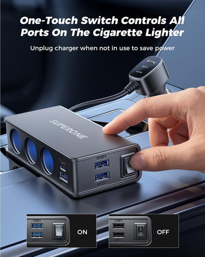 10 in 1 Cigarette Lighter Splitter,  3-Socket Adapter with 7 Ports | PD45W USB-C Fast Charging, Cigarette Lighter Adapter, 12V/24V USB C Car Charger Splitter, for Truck SUV RV Laptop Iphone GPS