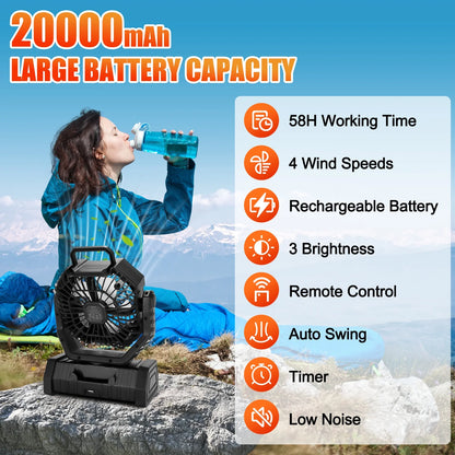 Camping Fan,Portable Fan with LED Lantern,20000Mah Rechargeable Battery Powered Fan with 270°Head Rotation, 4 Speed Tents Fan for Camping Picnic, Barbecue, Fishing, Travel, Home, Black