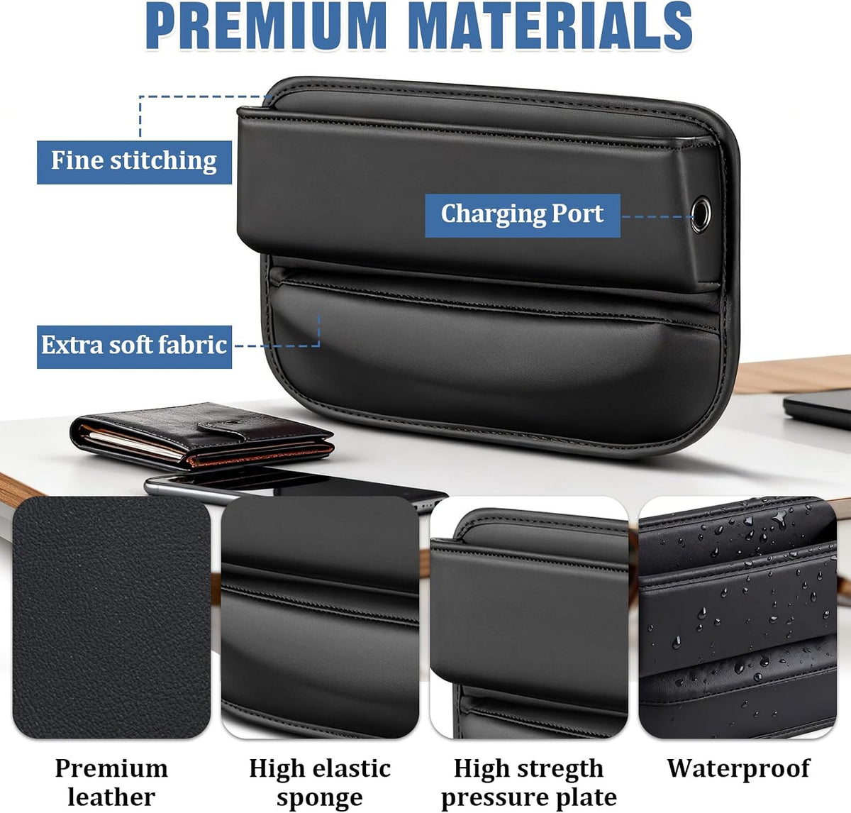 2 PCS Car Seat Gap Filler Organizer with Card Slots for Suv, Truck (Black) | Premium Leather Car Seat Gap Organizer Holder Women & Men, Cars Essentials for Phones, Cards, Keys