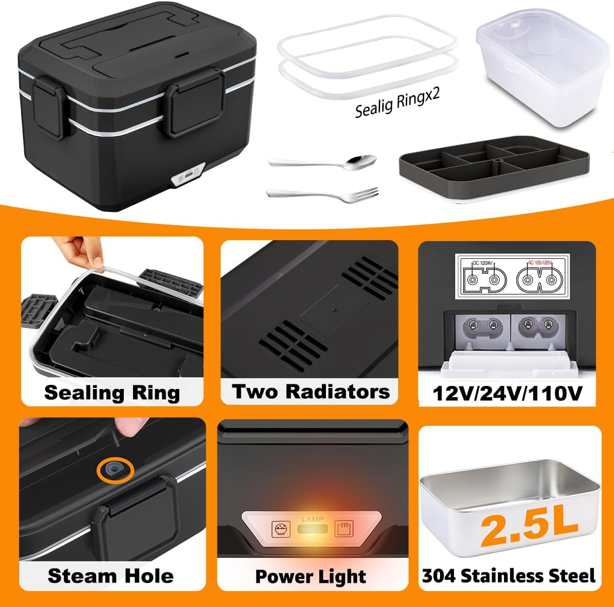 Electric Lunch Box for Adults Men 100W 3.5L, 12V/24V/110V | Portable Heated Lunch Box, 304 Stainless Steel & PP Material, Leak-Proof, Fast Heating, with Bag for Car Truck Office Work