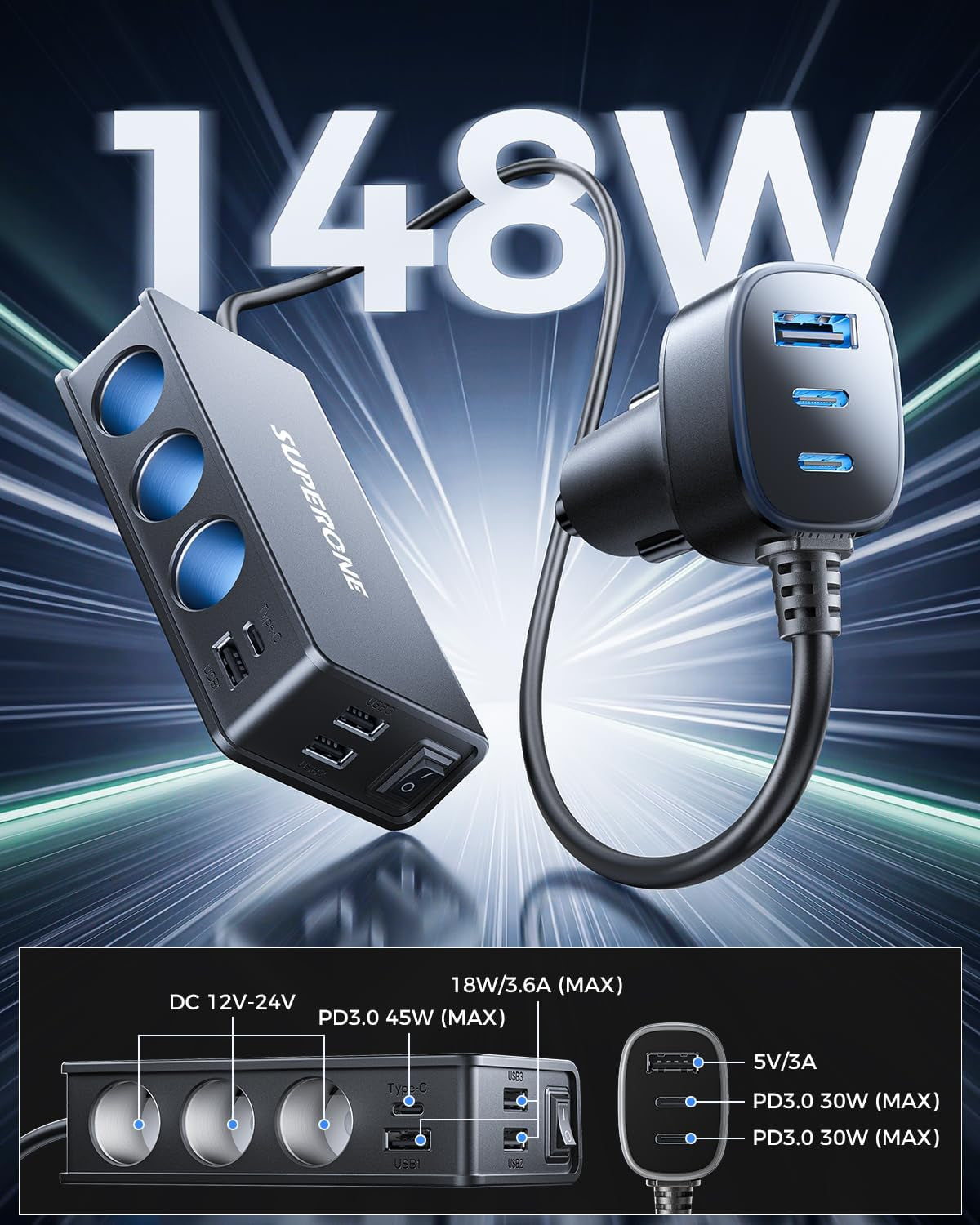 10 in 1 Cigarette Lighter Splitter,  3-Socket Adapter with 7 Ports | PD45W USB-C Fast Charging, Cigarette Lighter Adapter, 12V/24V USB C Car Charger Splitter, for Truck SUV RV Laptop Iphone GPS