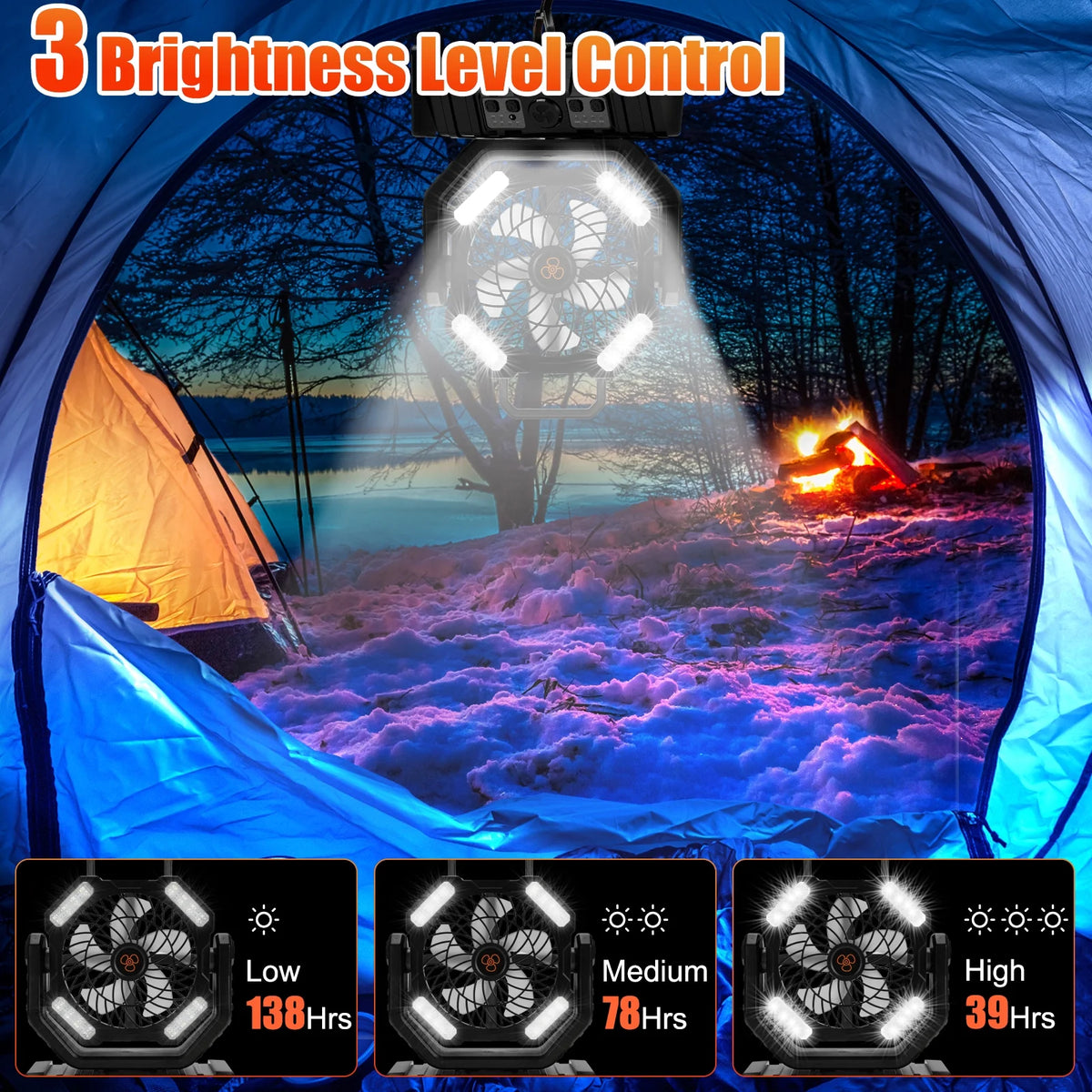 Camping Fan,Portable Fan with LED Lantern,20000Mah Rechargeable Battery Powered Fan with 270°Head Rotation, 4 Speed Tents Fan for Camping Picnic, Barbecue, Fishing, Travel, Home, Black