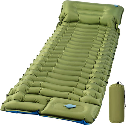 Ultralight Sleeping Pad for Camping, Camping Mat with Pillow | Built-In Foot Pump Inflatable Sleeping Pads Compact for Camping Backpacking Hiking Traveling Tent, Single, Green