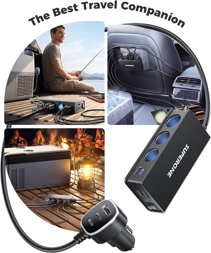10 in 1 Cigarette Lighter Splitter,  3-Socket Adapter with 7 Ports | PD45W USB-C Fast Charging, Cigarette Lighter Adapter, 12V/24V USB C Car Charger Splitter, for Truck SUV RV Laptop Iphone GPS