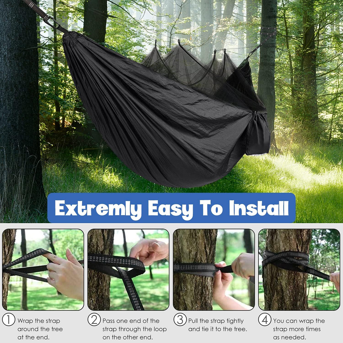 Camping Hammock - Camping Essentials, Double Hammock with Bug Net, Camping Gear Hammock for Outside, Hiking, and Travel (Gray)