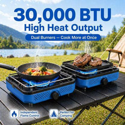 Camping Stove 2 Burner Foldable Propane Camping Stove with Cookware | 30000 BTU Perfect for Camping Backyard Tailgating,Portable Gas Stove with Cookware Set and Carry Bag, Outdoor Use,Blue