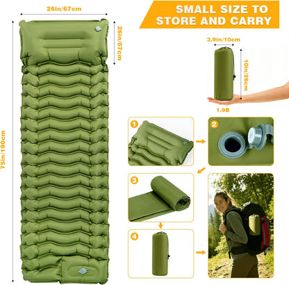 Ultralight Sleeping Pad for Camping, Camping Mat with Pillow | Built-In Foot Pump Inflatable Sleeping Pads Compact for Camping Backpacking Hiking Traveling Tent, Single, Green